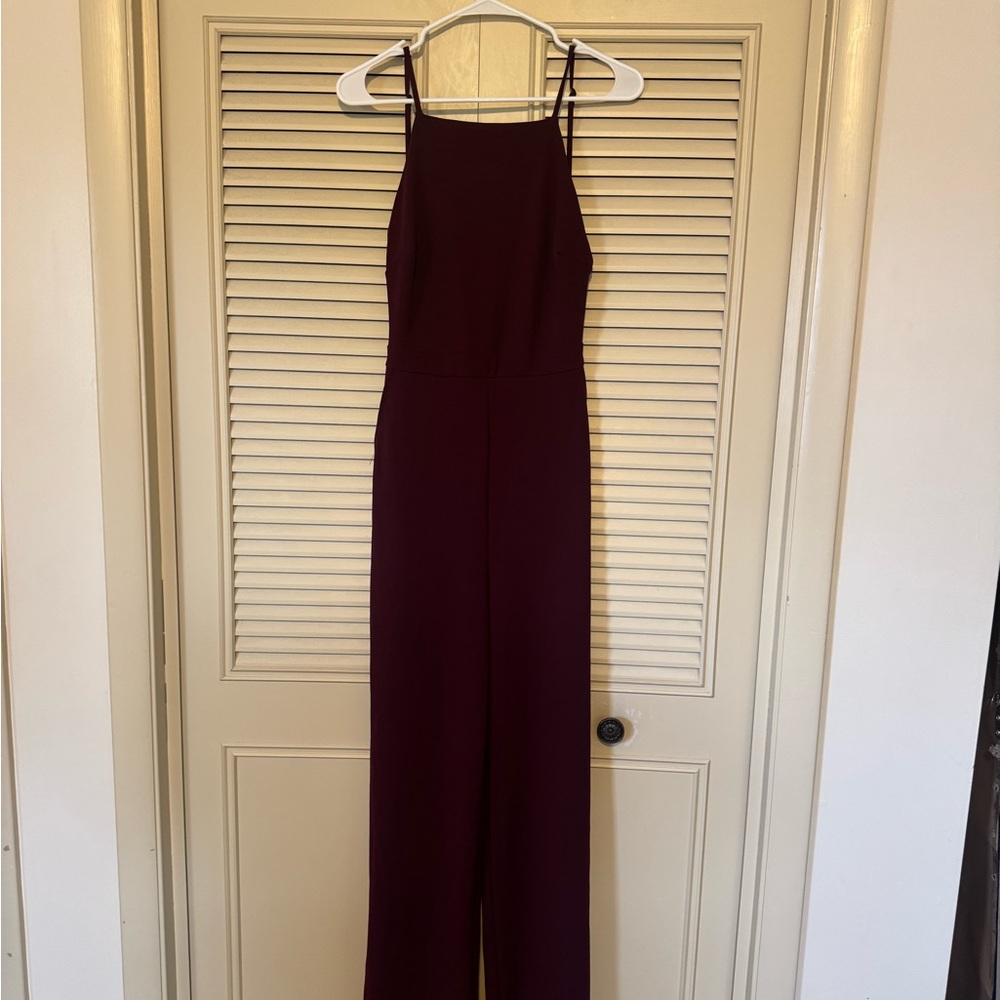Lulu's Open Back Winter Berry Jumpsuit